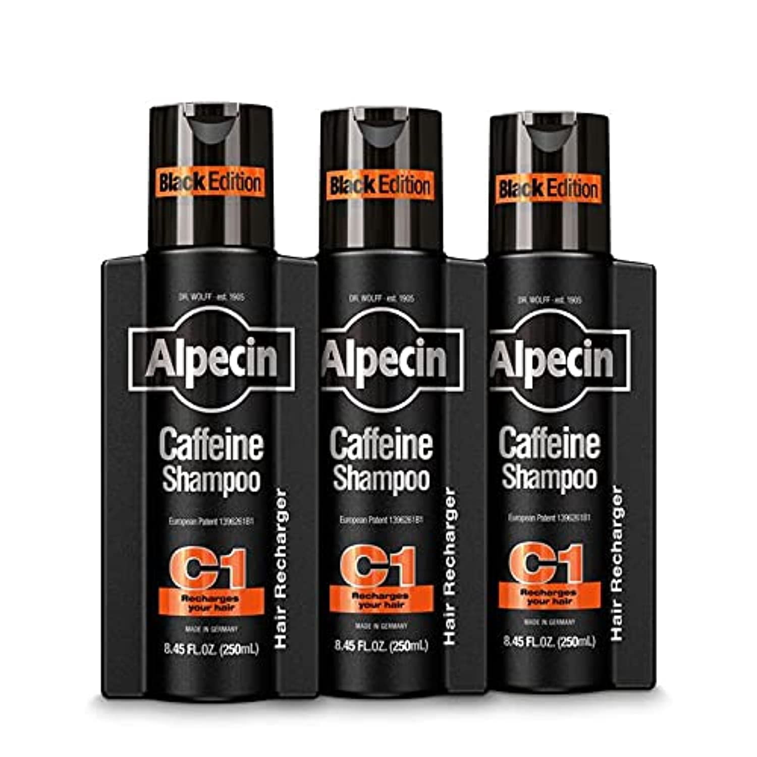 Alpecin Caffeine Shampoo C1 Black Edition, Men's Natural Hair Growth Shampoo for Thinning Hair with Niacin, Menthol, and Castor Oil, 8.45 fl. oz., Pack of 3