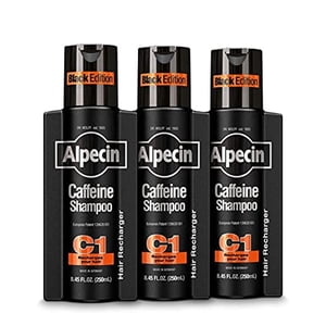 Alpecin Caffeine Shampooing C1 noir Edition, Shampooing de croissance des cheveux naturels pour hommes pour cheveux minces avec Niacine, Mentol, et huile de ricin, 8.45 fl. oz., boîte de 3
