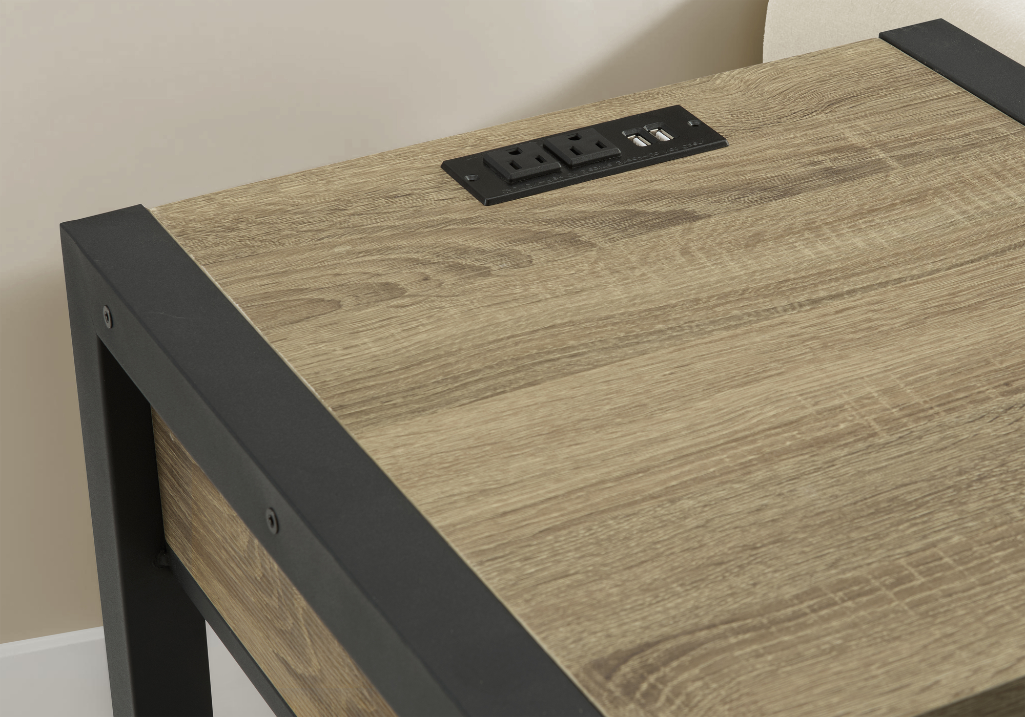 Monarch Specialties - Table D'Appoint, 24"H, 2 Niveaux, Bout, Table D'Appoint, Table De Nuit, Lampe, Tiroir De Rangement, Stratifié Taupe Foncé, Métal Noir, Contemporain