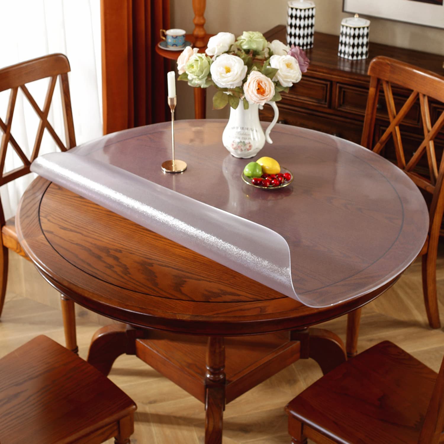 ORUYROP Housse de Table Ronde Givrée Améliorée 2 mm d'Épaisseur 58 Pouces Protège-Table en Plastique Imperméable