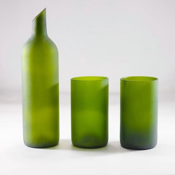 WASABOTTLE Drinking Glasses 12 oz Frosted Green ,Wine Bottle Water flask - Carafe,Glass Glassware Set for Cocktails, Juice & Wine. Eco-friendly(Carafe + 2 Tumblers)