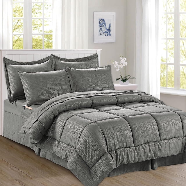 Mocassi Luxury 8-Piece Bamboo Comforter Set - Soft and Cozy Bedding Set with Double-Sided Storage Pockets - Silky Gray Bamboo Comforter, King/California Size