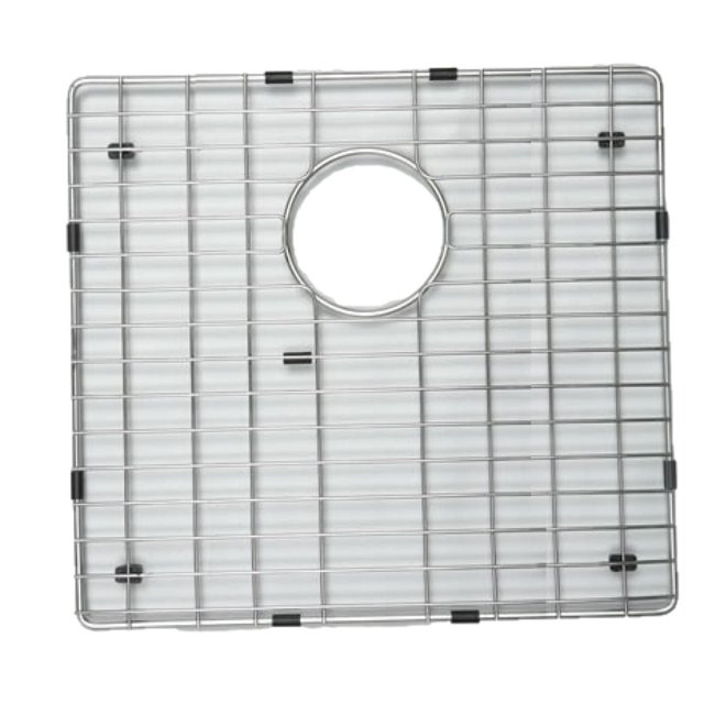 American Imaginations 15.875-in. W Kitchen Sink Grid AI-34756, a rectangular stainless steel grid with chrome finish and central circular cutout for drain access, featuring black protective bumpers, designed for drop-in installation to protect kitchen sinks and organize dishes, also suitable as a drying rack insert.