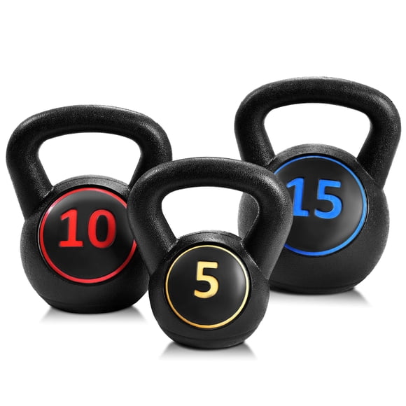 Costway 3-Piece Kettlebell Weights Set, Weight Available 5,10,15 lbs, HDPE Kettlebell for Strength and Conditioning