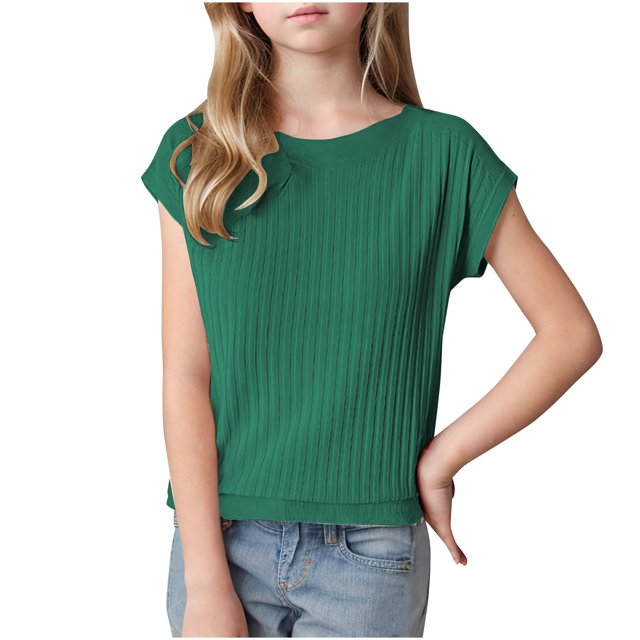 LLYWEY Girls Ribbed Sweaters , Casual Loose Cap Sleeve Round Neck Pullover Tops Fall Shirts, Green, XL
