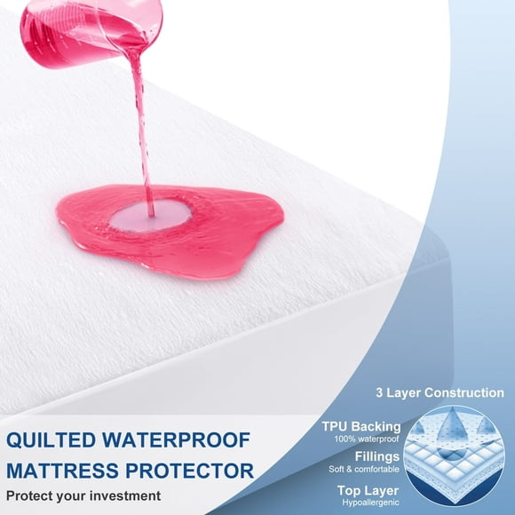 LNGOOR Protège-Matelas en Molleton Microplush 100 % Imperméable Grand Lit Housse de Matelas Silencieuse Matelassée Ajustée pour Lit Poche Profonde 8‘‘-21‘‘