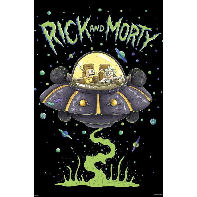 Rick And Morty - Affiche Murale de Navire, 22,375 Pouces x 34 Pouces Représentant Rick And Morty à l'Intérieur de Leur Vaisseau Spatial Gris et Jaune avec un Dôme transparent, Entouré de Planètes Colorées et de Fumée d'Alien Verte en Dessous, Imprimée sur Papier Lustré, Convient à un décor Mural vibrant dans les Chambres Ou les Bureaux.