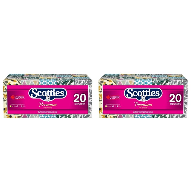 Scotties Premium Facial Tissue, Soft & Strong, Hypoallergenic and Dermatologist Tested, 20-pack. The image shows two sets of 20 boxes of 2-ply white facial tissues, each box containing 126 sheets. The boxes feature colourful floral and geometric designs, with a prominent pink label displaying the Scotties logo and product details. Made in Canada, these tissues are designed for softness and strength.
