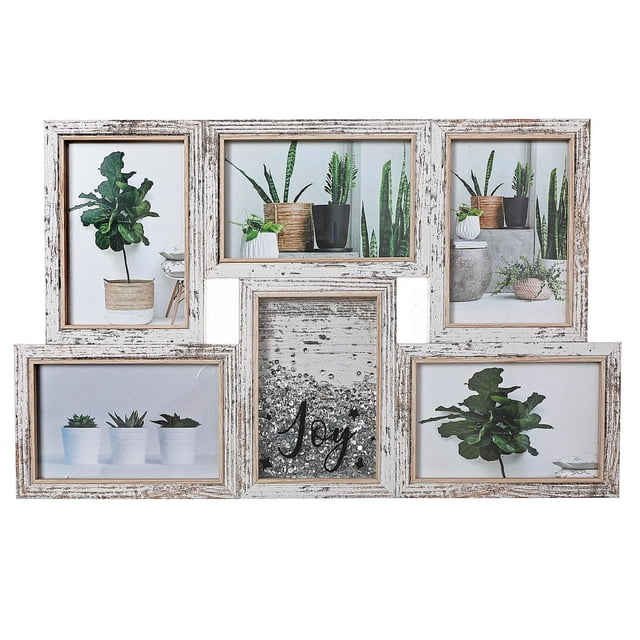 Cadre Collage en Mdf avec Paillettes (6 - 4X6) Comprenant six Cadres en Bois Blanchi Disposés Asymétriquement avec Cinq Ouvertures Affichant des photos de Plantes en Pot Vertes et un Cadre central Rempli de Paillettes Argentées et du Mot « Joie » en script Noir, Convient à la Décoration Intérieure et aux Cadeaux.