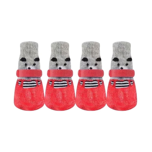 Red Medium Dog Rain Boots With Knit Cuff And Rubber Sole, Anti-Slip Waterproof Shoes For Small Breeds, 4-Pack
