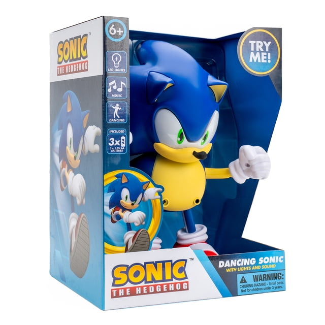 SEGA Licensed Dancing Sonic Robot with Lights and Sound in open packaging, showing a blue Sonic the Hedgehog figure with green eyes, yellow arms, white gloves, and red shoes, featuring LED lights, music, and dancing functions, ideal for STEM toy enthusiasts aged 6 and up.