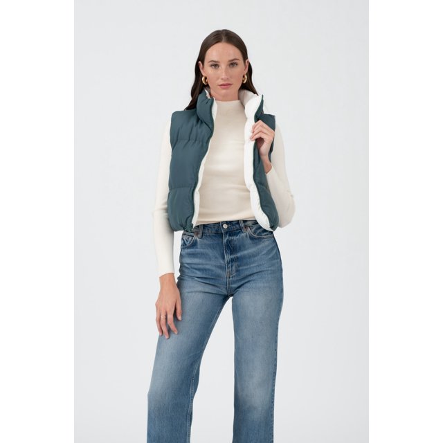 Blu Pepper Women's Reversible Zip Up Cropped Puffer Vest