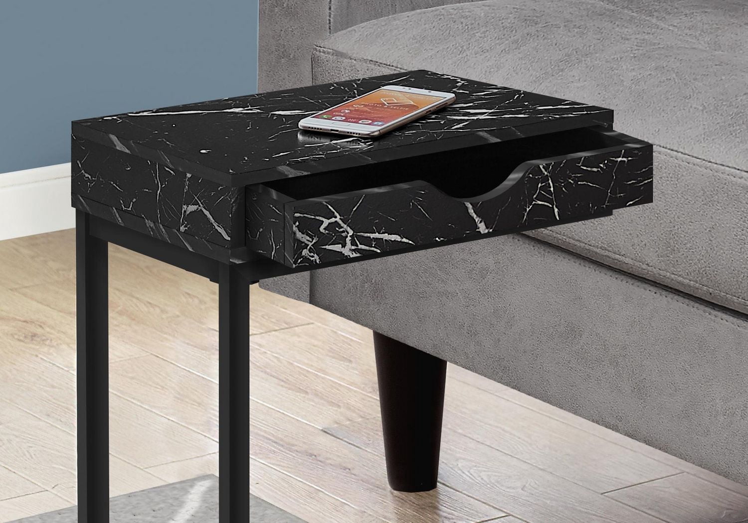 Monarch Specialties Table D'appoint, En Forme De C, Bout, Côté, Collation, Tiroir De Rangement, Salon, Chambre À Coucher, Métal, Stratifié, D'aspect Marbre Noir, Contemporain, Moderne