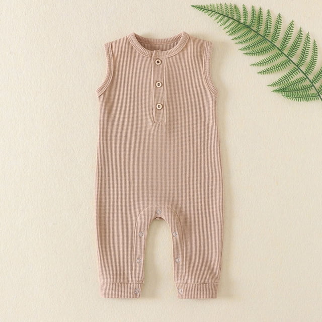 WERYOUNG Combinaison une-Pièce Filles Garçons Printemps Été Couleur Unie Tricotée à Boutons Col Rond Sans Manches Combinaisons Nouveau-Né Douce Tenue d'Intérieur Combinaison, Kaki, 6-9 Mois
