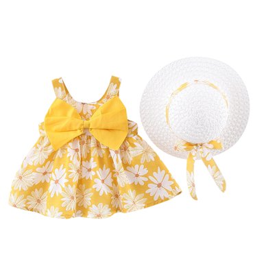 XASZHN Tenue de Jeu Extérieur pour Tout-Petits Filles Robes d'Été Princesse Vacances Plage Sans Manches Ensemble Chapeau Volants Nœud Floral Robe 0-3 Ans Jaune 18-24 Mois Robes pour Filles
