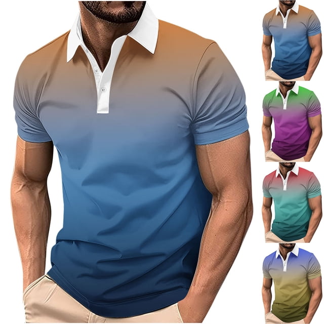 HVOBTTY Mens Summer Soft Versatile Pullover Fashion Casual Gradient Color Lapel Button Short Sleeve Loose Breathable Daily Base Shirts Blue, S