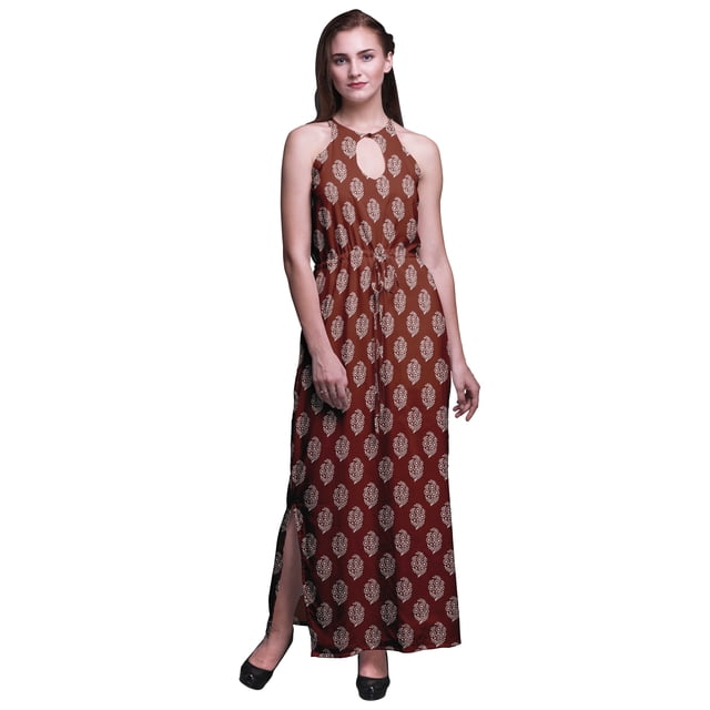 Bimba Robe Longue de Soirée pour Femmes à Imprimé, Col Ras du Cou, Fentes Latérales, Dos Nu - Grande