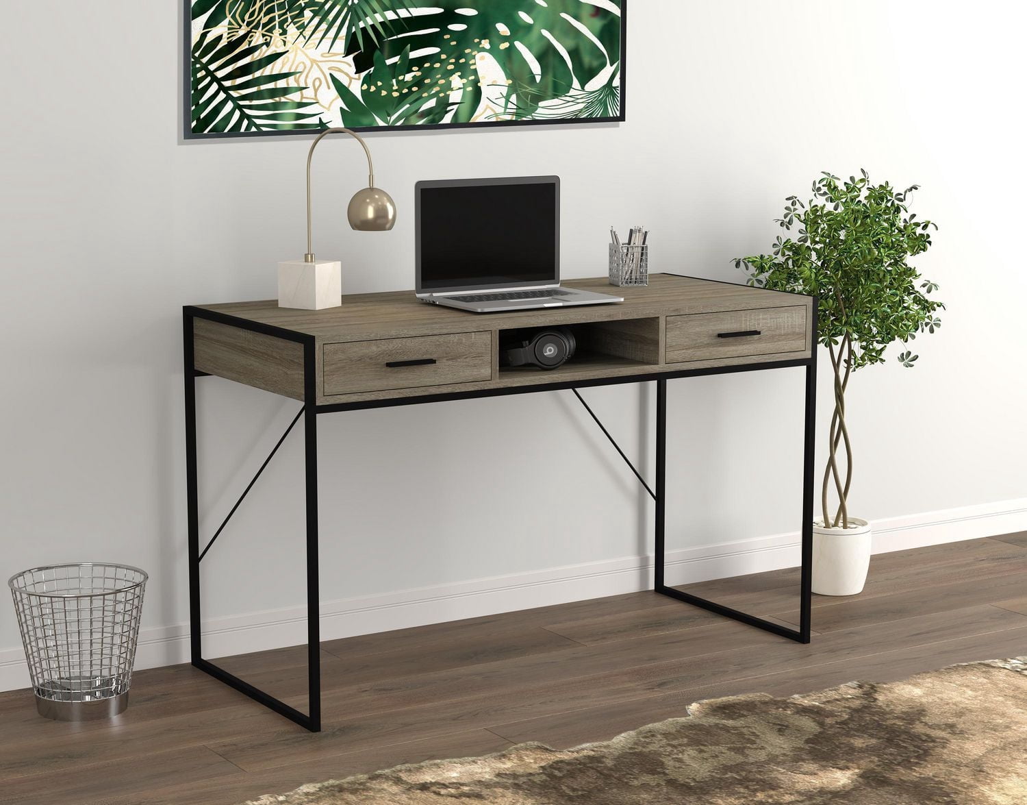 Safdie & Co. Computer Desk Dark Taupe 2 Drawers 1 Shelf Black Metal
