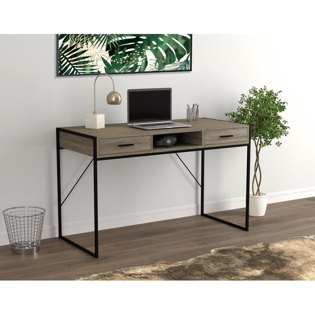 Safdie & Co. Computer Desk Dark Taupe 2 Drawers 1 Shelf Black Metal