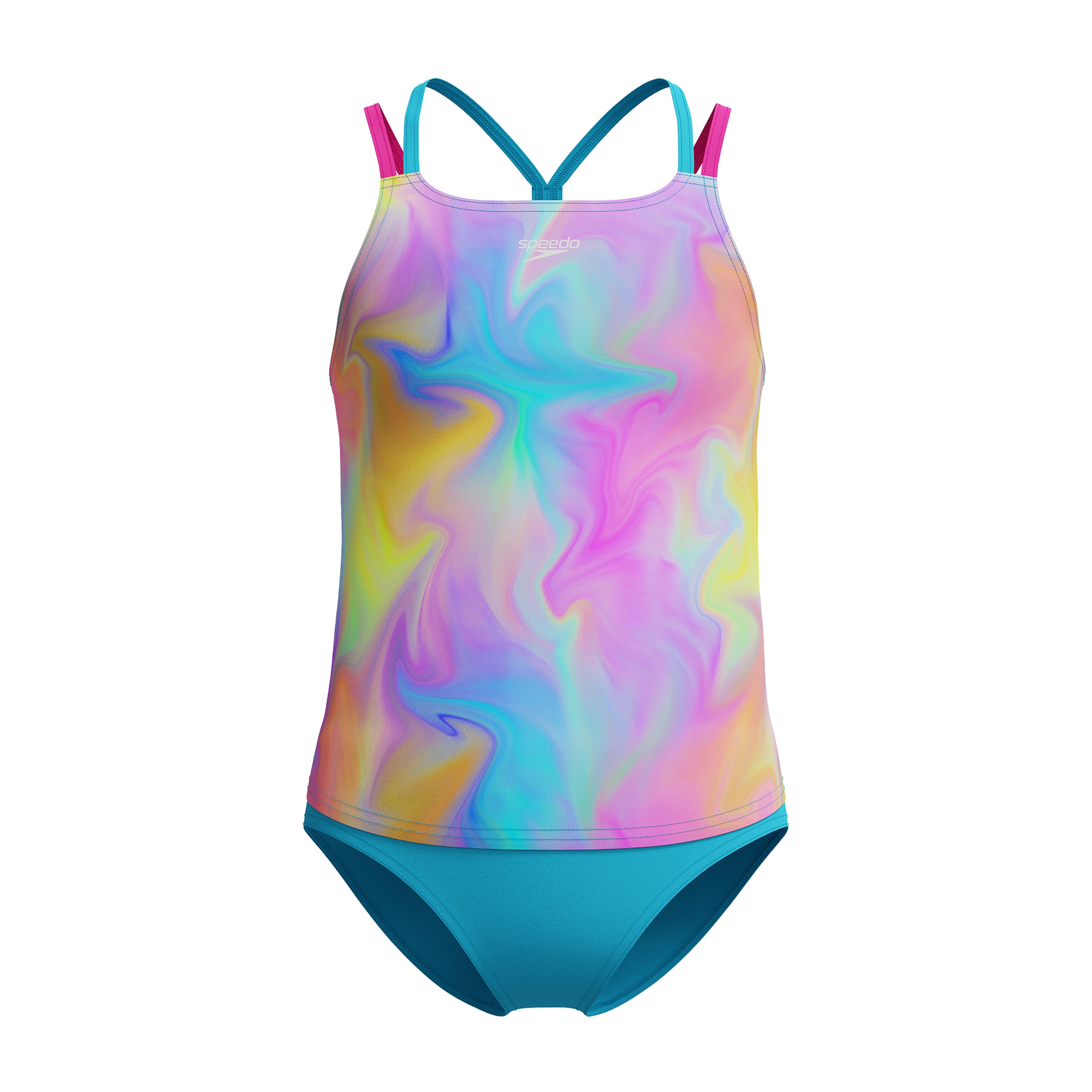 Speedo Girl's UV Protection Printed Thin Strap Two Piece Tankini Set Swimsuit - Picton Blue, Size 7