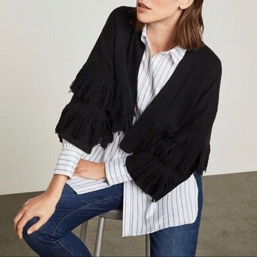 BCBGMAXAZRIA Cardigan Court Ouvert à Franges pour Femmes Noir Taille m $260