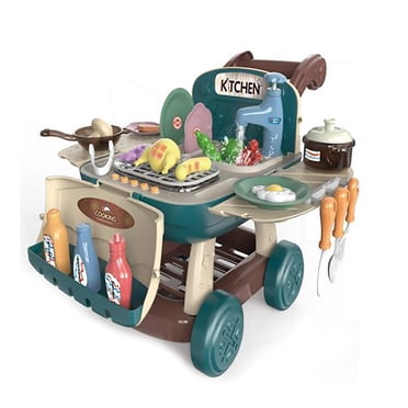 Simulated Kitchen Shopping Cart 2-in-1 Children's Play House Cooking Kitchen Toy For Boys And Girls Blue, 25PCS, English Version Bring Your Own 3 AA Batteries