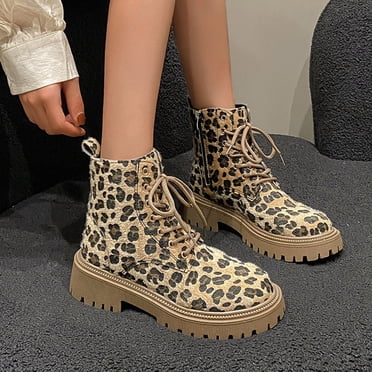 Bmisegm Leather Boots for Women Ladies Fashion Winter Vintage Suede Leopard Lace up Thick Heel Short Boots Boots for Women Brown 6.5
