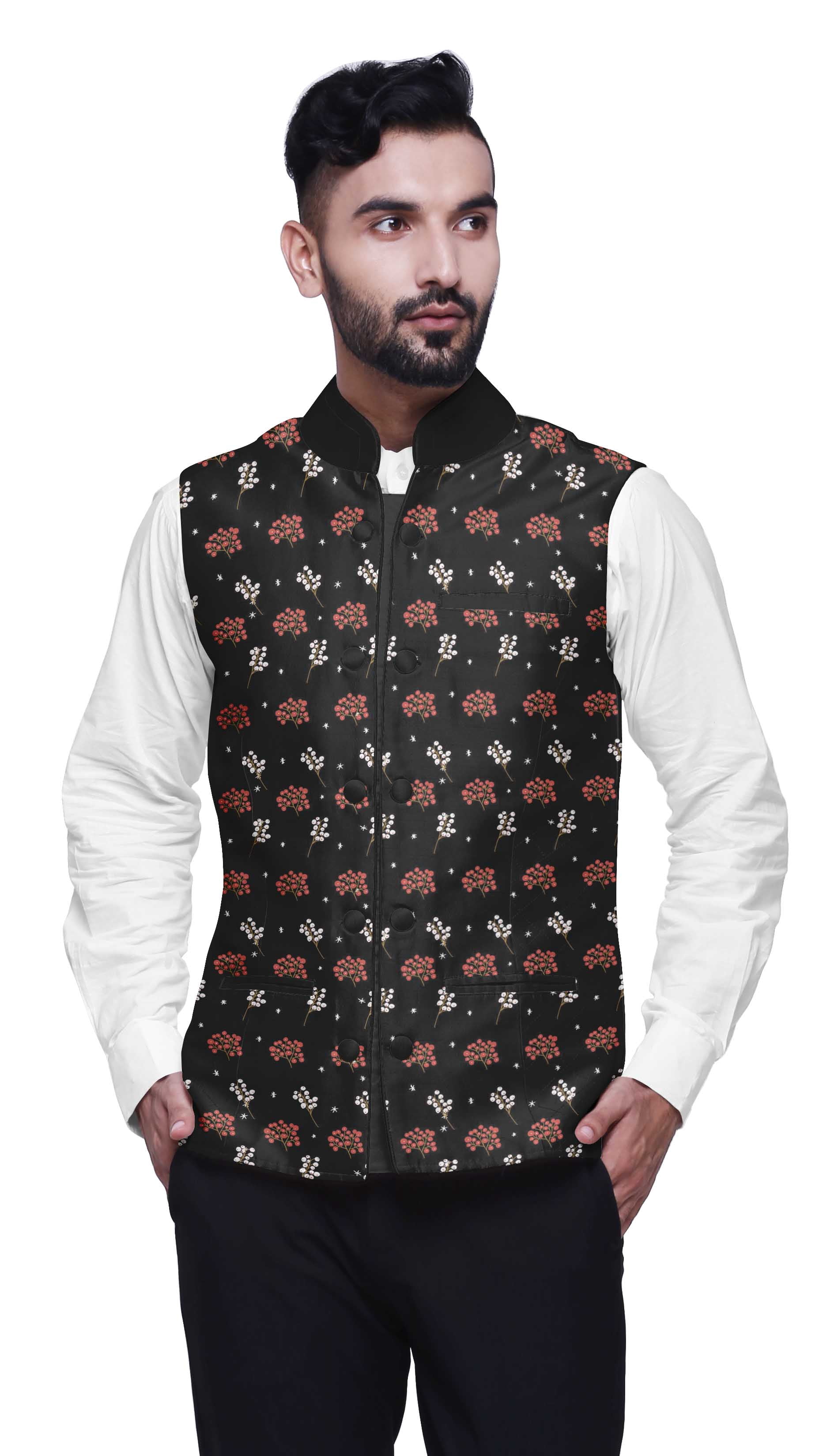 Atasi Fruits Printed Wedding Jackets For Men Nehru Jacket Waist Coat For Wedding & Festive Season-Small