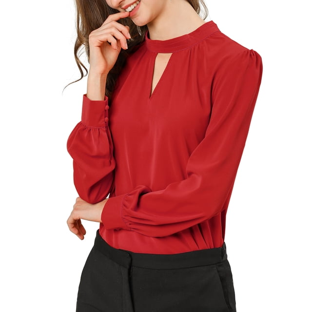 INSPIRE CHIC Women's Keyhole Stand Collar Pleated Back Button Blouse Tops