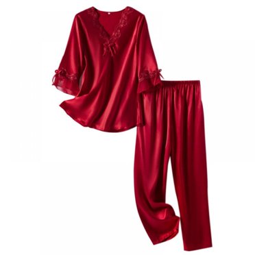 PENGXIANG Femmes Soie Satin Pyjama Manches Longues Dentelle Ample Loungewear Deux Pièces de Nuit Doux Confortable Pj Ensemble