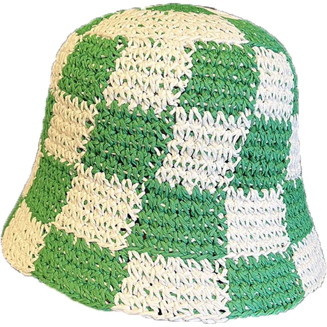 LinYooLi Straw Bucket Hat for Women Plaid Patchwork Crochet Fisherman Hat Outdoor Sun Protection Hollow Ladies Bucket Cap