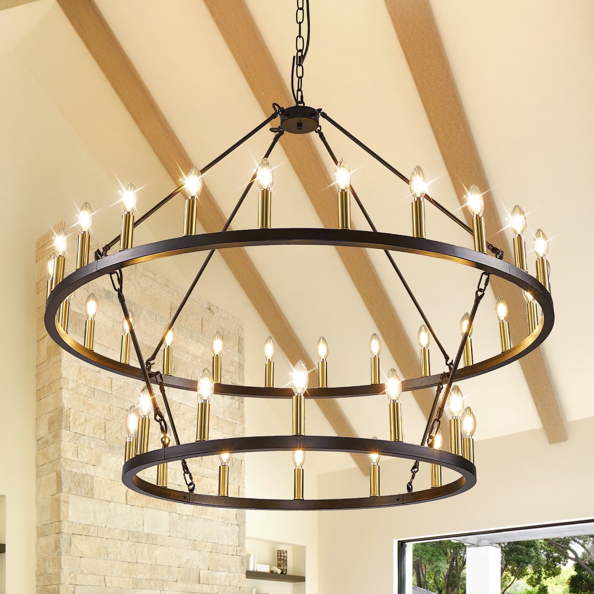 LovingAHome Farmhouse 47.2" 2 Layer 36-Light Large Black Wagon Wheel Chandelier for Porch, Dining Room, Living Room, and High Ceilings,Black Gold