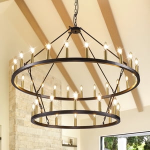 LovingAHome Ferme 47.2" 2 Calque 36-Light Grand Lustre de roue de Wagon noir pour porch, salle à manger, salon, et hauts plafonds, or noir