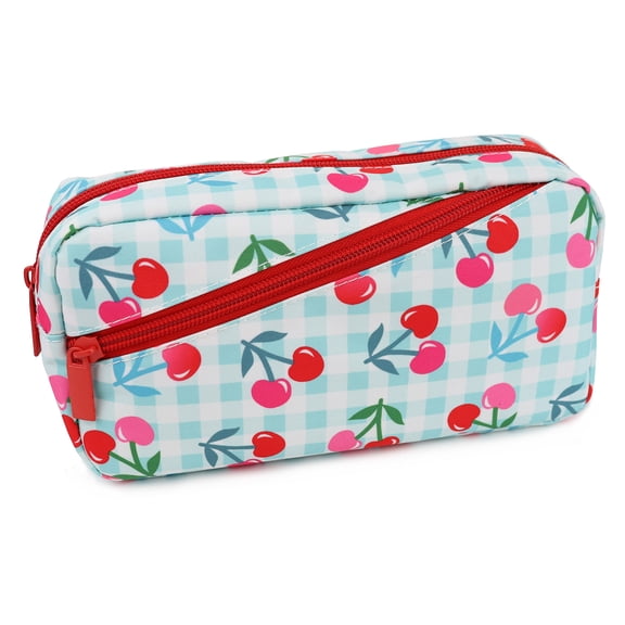 Pen+Gear 2 Zip Gingham Cherries Design Pencil Pouch, Multi-Colour Polyester, Coral Zips, Middle and High School