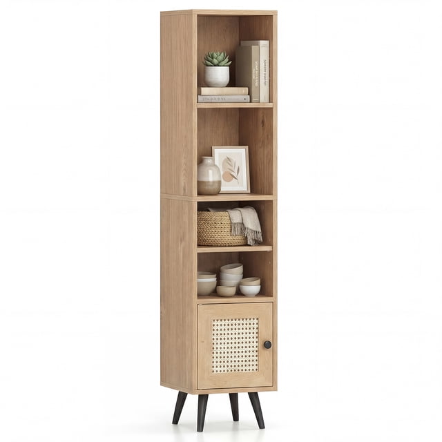 Gymax 6-Tier Tall Narrow Bookcase w/ Adjustable Shelf & Boho Style Rattan Door