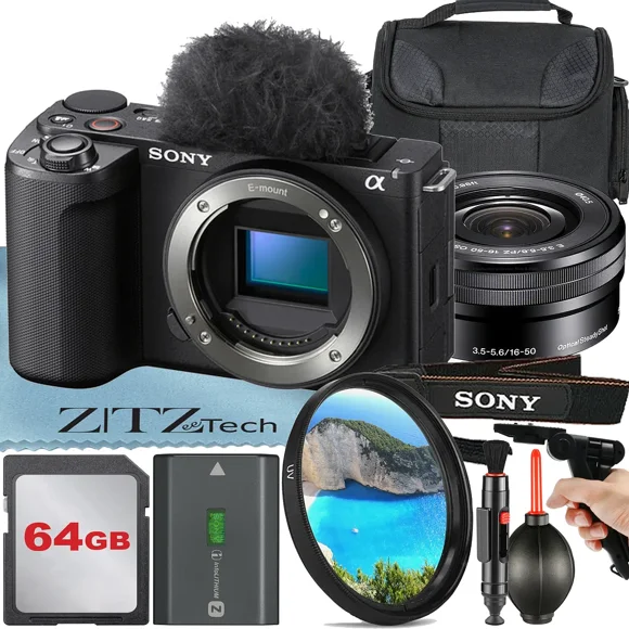 Sony ZV-E10 II Appareil Photo Sans Miroir (Noir) avec Objectif 16-50 mm + Carte 64 Go + Étui + Filtre UV + Ensemble d'Accessoires ZeeTech