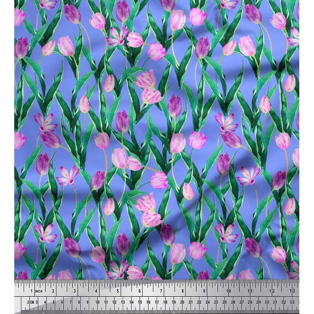 Soimoi Rayon Fabric Leaves & Tulip Floral Printed Fabric 1 Yard 56 Inch Wide