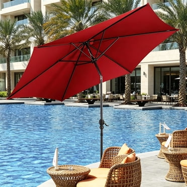 Parasol de Patio Extérieur de 9 Pi, Parasol de Marché en Omrelle Centrée avec Manivelle et Inclinaison, Parasol de Table à 8 Baleines, Imperméable, Protection UV, Abri Solaire pour Jardin, Cour Arrière, Terrasse, Piscine, Plage