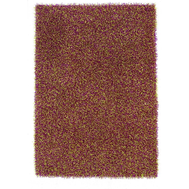 Confetti Shag Pink & Green Mix 8 ft. x 10 ft. area rug with a hand-tufted polyester lace shag pile combining pink and green fibers that shimmer with a metallic sheen, shown in a top-down view. Suitable for defining spaces in larger rooms and adding warmth underfoot.