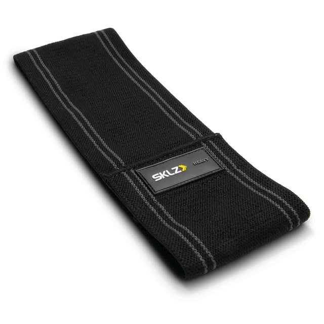 BAND de Hanches en Tricot PRO - MED, un BAND de Résistance Noir avec Surpiqûres Grises et un Écusson logo SKLZ Marqué « Heavy », Fabriqué en Tissu durable Antidérapant pour l'Entraînement de la Résistance du Bas du Corps, Idéal pour l'Activation du Fessier et du quad pendant les Entraînements et les Échauffements.