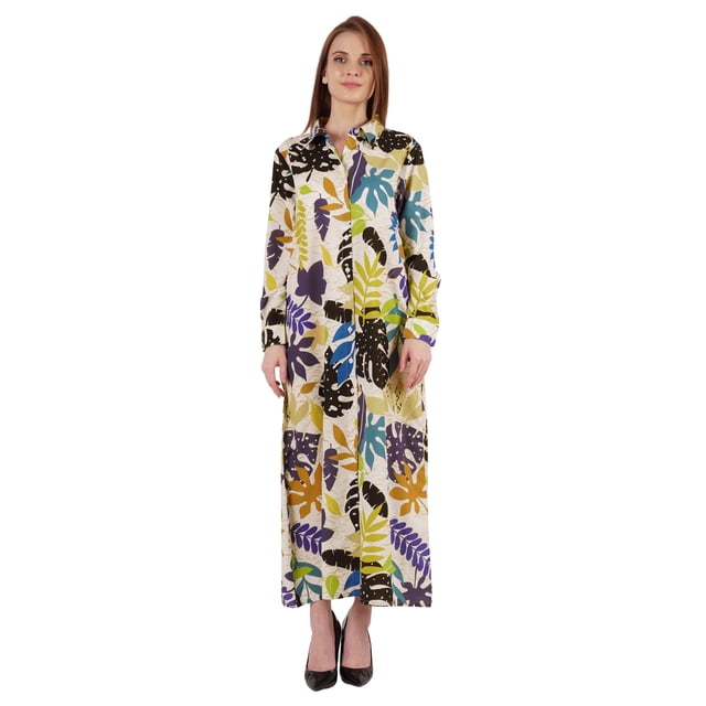 Bimba Robe Chemise Maxi Imprimée à Manches Longues pour Femmes, Coupe Ample Décontractée, Boutonnée
