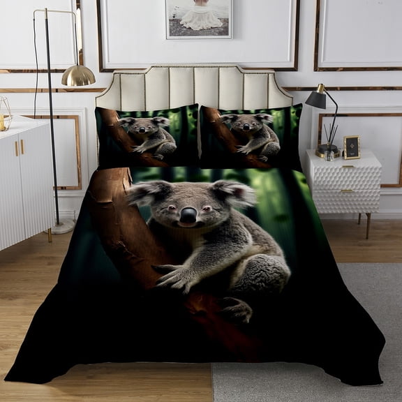 YST Koala Bedspread Set Twin, 3D Realistic Animal Coverlet Set Wild Animal Botanical Trees Quilt Set, Nature Woodland Animal Wildlife Theme Bedding Set
