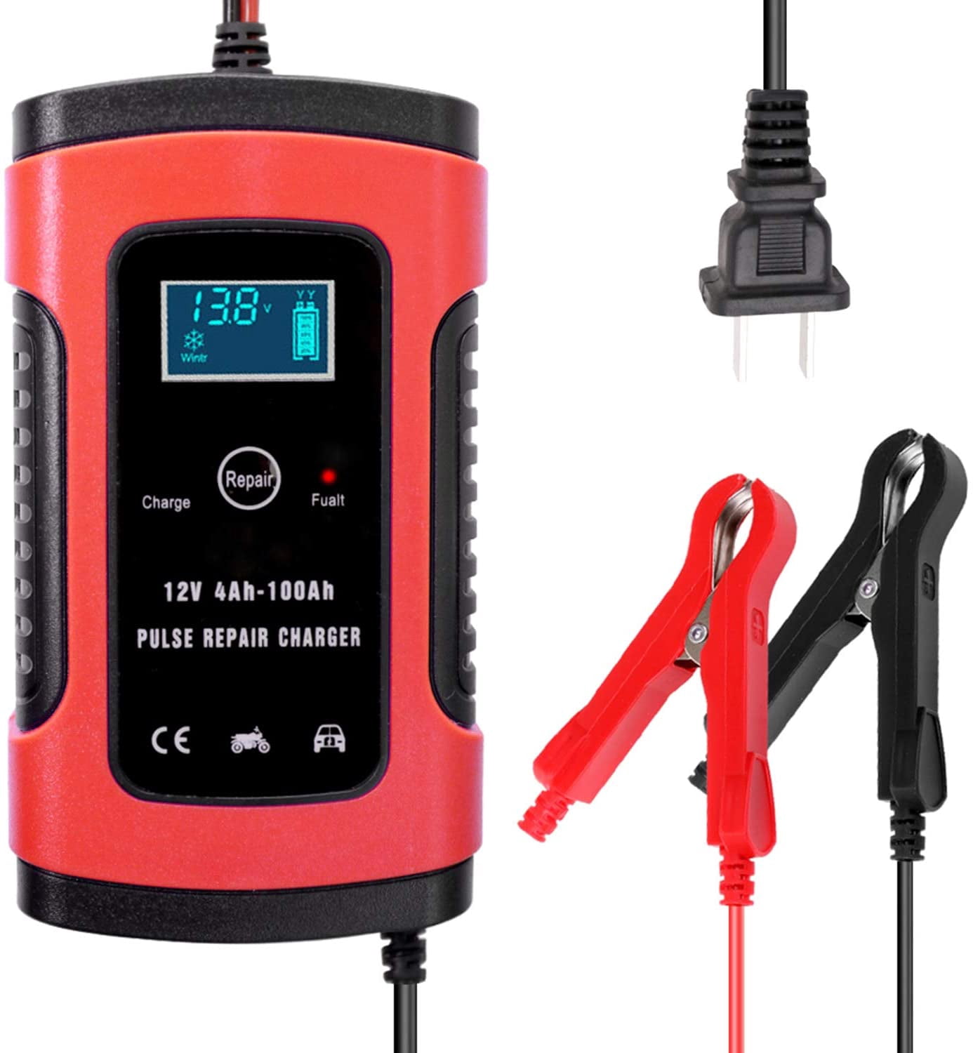 12V 6A Full Automatic Car Battery Charger Intelligent Fast Power Charging Pulse Repair Charger Wet Dry Lead Acid Batterychargers Car Jump Starter Emergency Starting Power with Digital LCD Dis