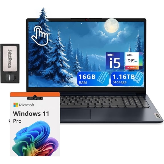 Lenovo IdeaPad 1i Portable à Écran Tactile FHD de 15,6 Pouces, Intel i5 1235U, 16 Go de RAM, Stockage de 1,16 To (SSD de 1 To + Station d'Accueil de 160 Go), Intel Iris Xe Graphics, Caméra HD, Audio Dolby, Wi‐Fi 6, Win 11 Pro, Bleu