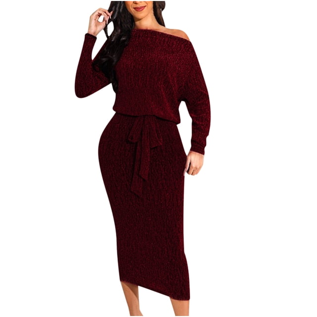 Pompotops Robe Décontractée de Mode pour Femme, Chandail à Manches Longues, Col en V, Aguichant, Épaules Dénudées