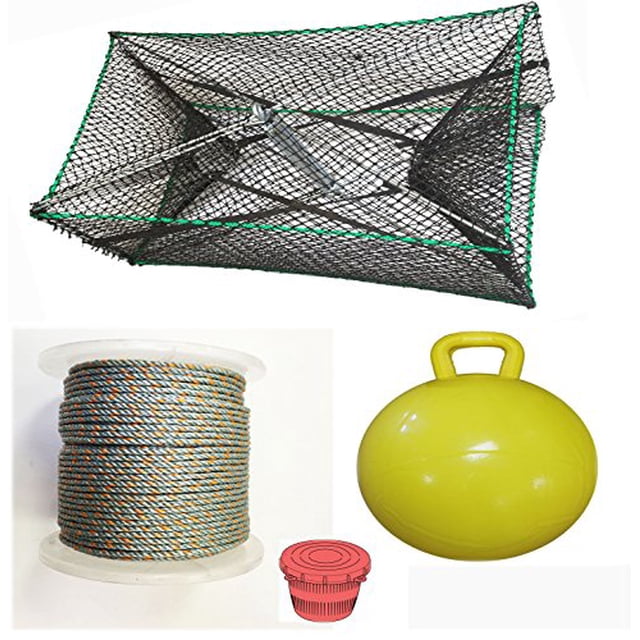 KUFA Sports Galvanized Steel Foldable Prawn Trap with 1/4"x400' Lead Rope, 15" Inflatable float & Bait Jar Combo (S32+LQ4+HB5+F15Y)