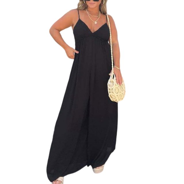 Innerwin Combinaison Longue Col en V Profond Femmes Combinaisons Vacances Sans Manches Décontracté Pantalon Large Noir m