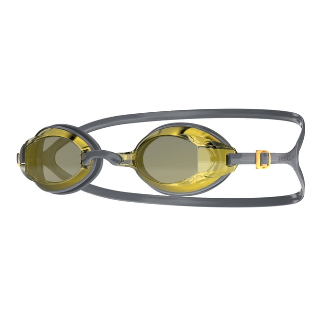 Speedo Longview Mirror Adult Swim Goggle shown from above with yellow-tinted mirrored lenses, split grey silicone adjustable strap, and fully adjustable nose bridge with yellow accents, designed for adult competitive swimming comfort and performance.