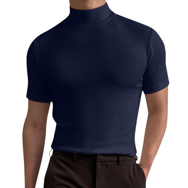 Hommes Chemise Adulte Homme T-shirt Robe Homme Printemps et Été Solide T-shirt Chemisier Haut Col Roulé Manches Courtes Tops T Shirt Clothes(Navy,3XL)