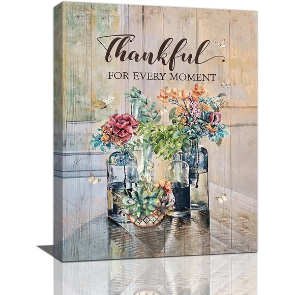 Farmhouse Flowers Wall Art Floral in Mason Vase Pictures Wall Decor Thankful Quotes Canvas Painting Prints Rustic Butterfly Artwork for Bathroom Dining Room Kitchen Bedroom Living Room 12"x16"